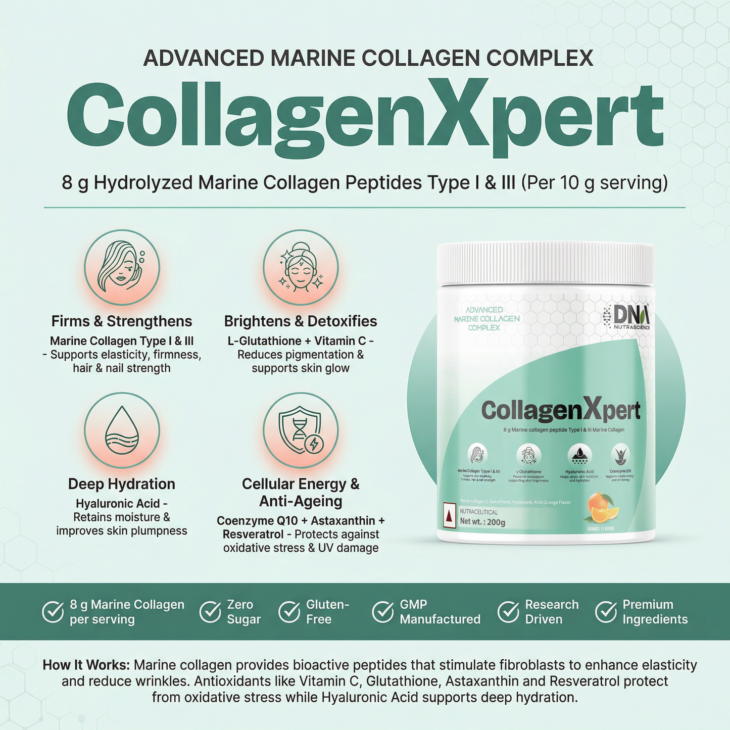 CollagenXpert™ Advanced Marine Complex – 8g Collagen + Glutathione & HA | Orange Flavor