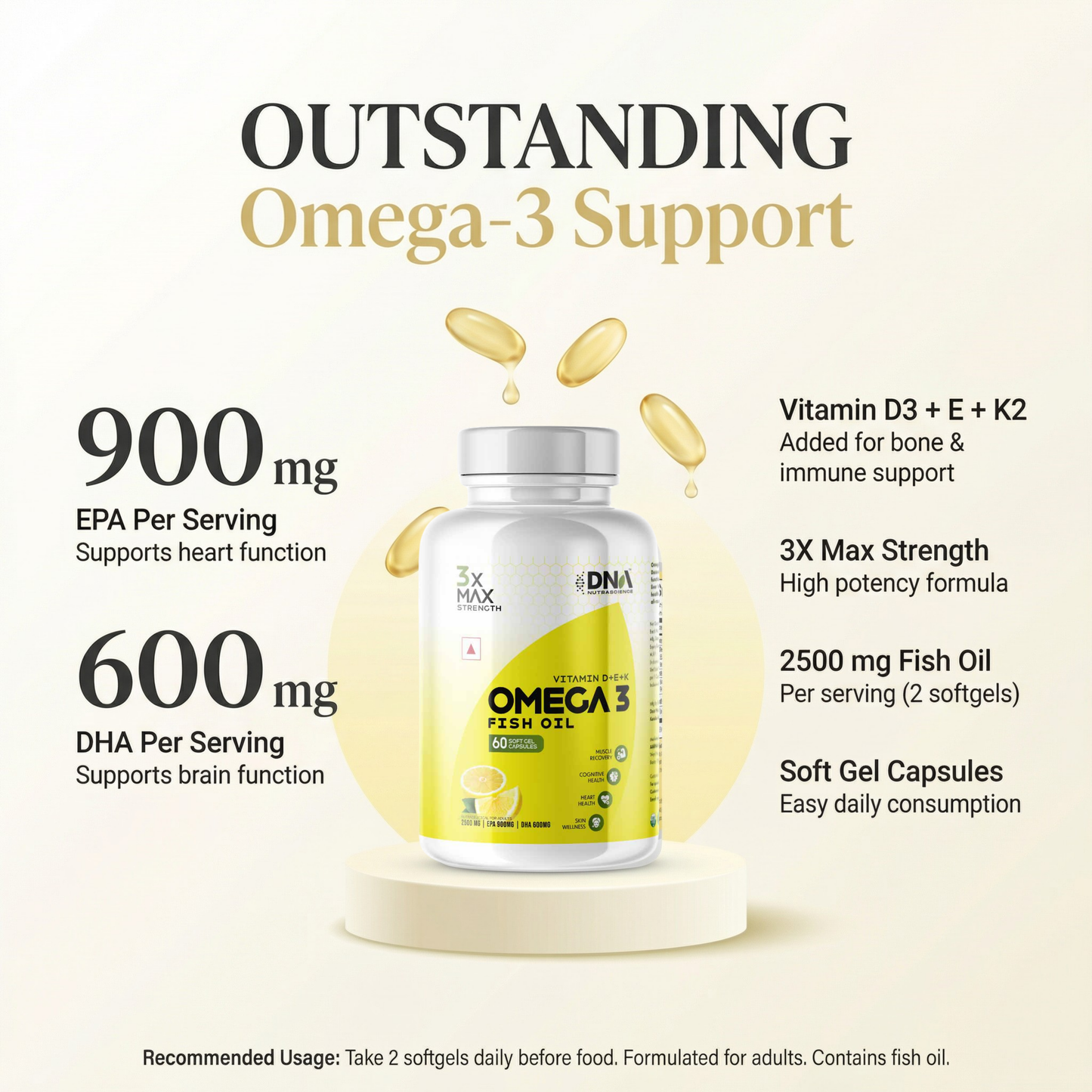 Omega 3 Fish Oil – 3x Max Strength | 1500mg EPA+DHA with Aloe Vera, Vit D3 & K2