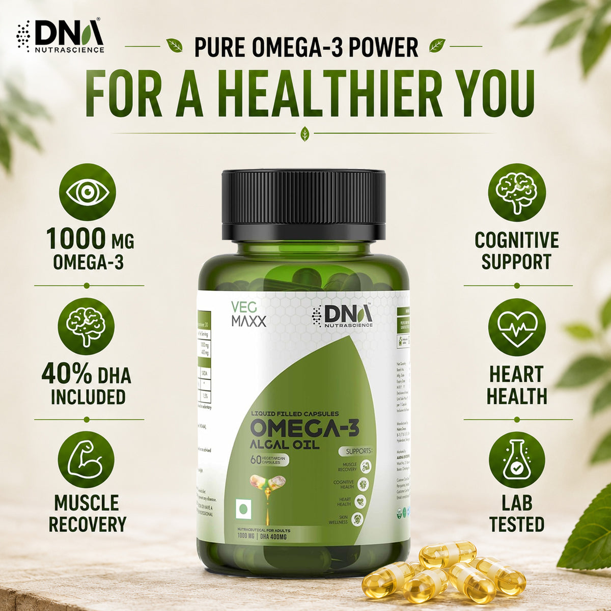 Veg Maxx™ Algal DHA (Vegetarian Omega-3) – 1000mg | Pure Brain & Heart Fuel