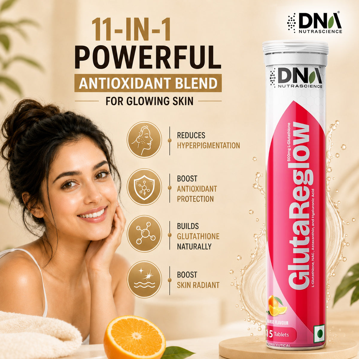 GlutaReglow™  – 500mg Reduced L-Glutathione Effervescent | Skin Brightening & Detox | 15 Tablets