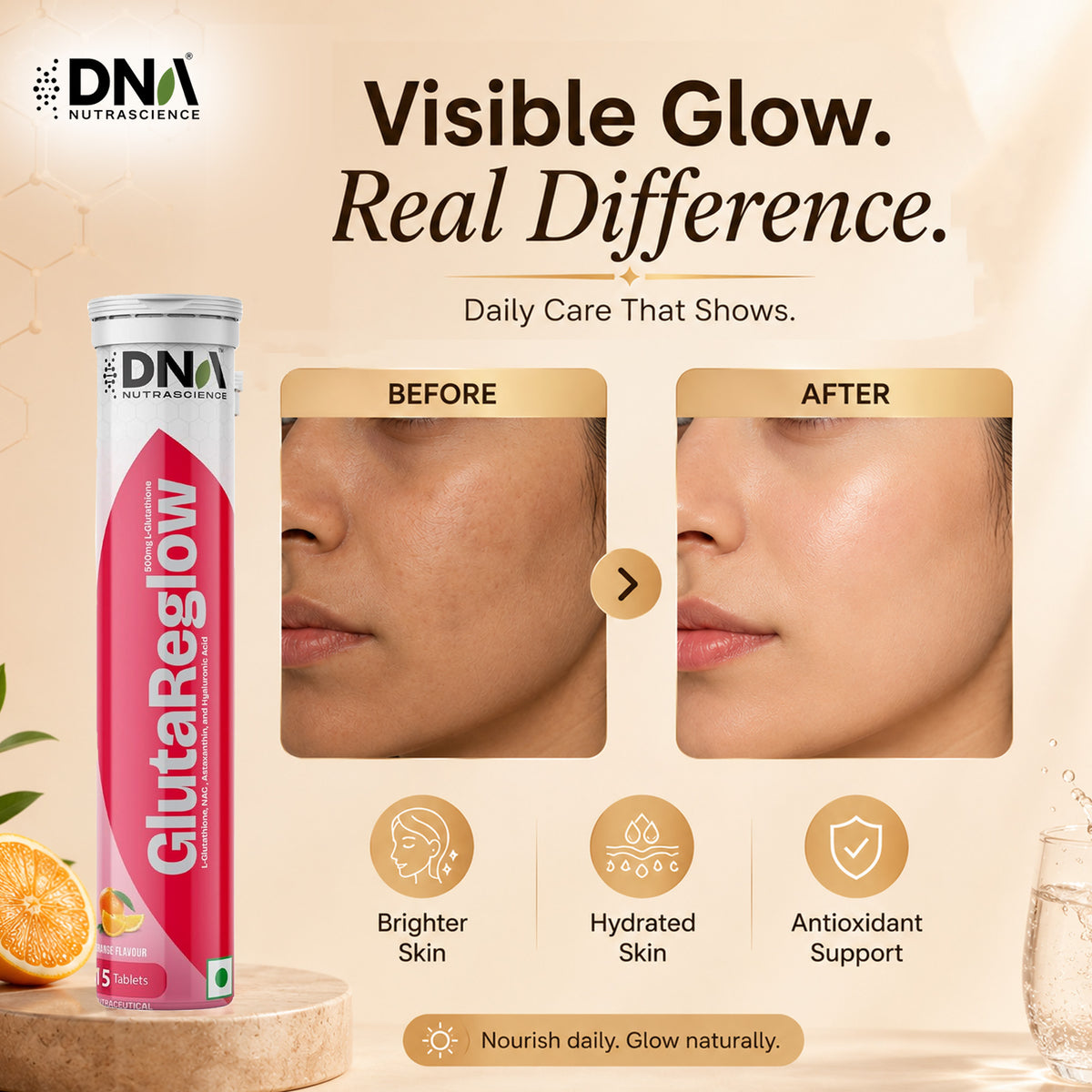 GlutaReglow™  – 500mg Reduced L-Glutathione Effervescent | Skin Brightening & Detox | 15 Tablets