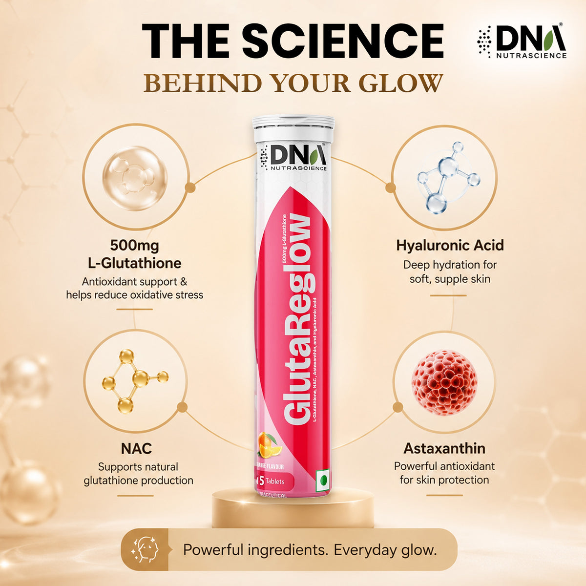 GlutaReglow™  – 500mg Reduced L-Glutathione Effervescent | Skin Brightening & Detox | 15 Tablets